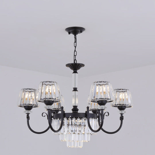 Modern Tapered Crystal Suspension Light With 3/6 Heads - Black Dining Room Chandelier Lamp