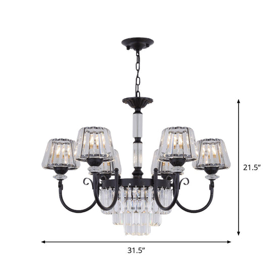 Modern Tapered Crystal Suspension Light With 3/6 Heads - Black Dining Room Chandelier Lamp
