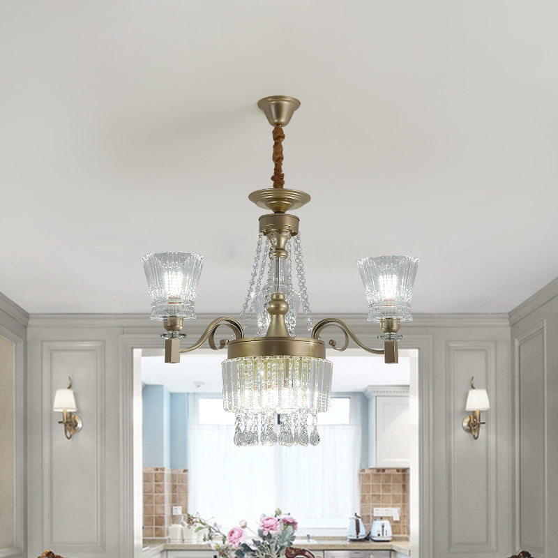 Modern Gold Crystal Chandelier Pendant Lamp With Clear Conical Shades - 6/9-Head Light Fixture For