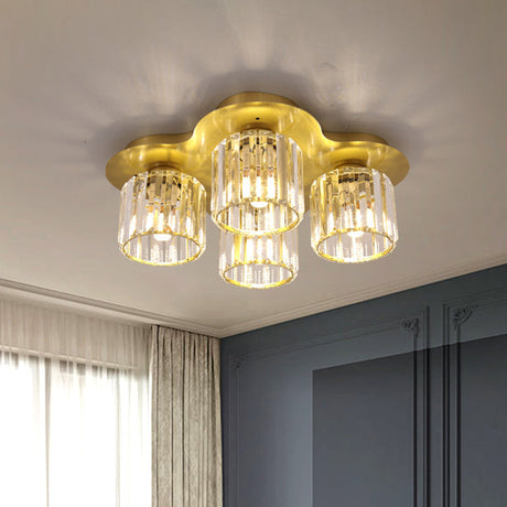 4-Head Crystal Block Flush Ceiling Light Fixture In Black/Gold - Simple Cylinder Design Gold
