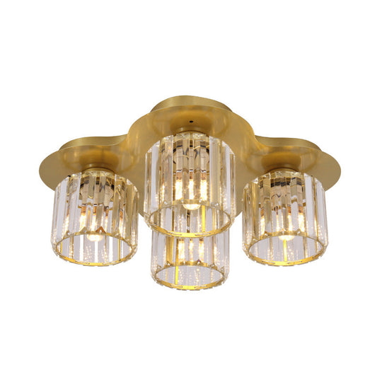 4-Head Crystal Block Flush Ceiling Light Fixture In Black/Gold - Simple Cylinder Design