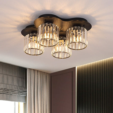 4-Head Crystal Block Flush Ceiling Light Fixture In Black/Gold - Simple Cylinder Design Black