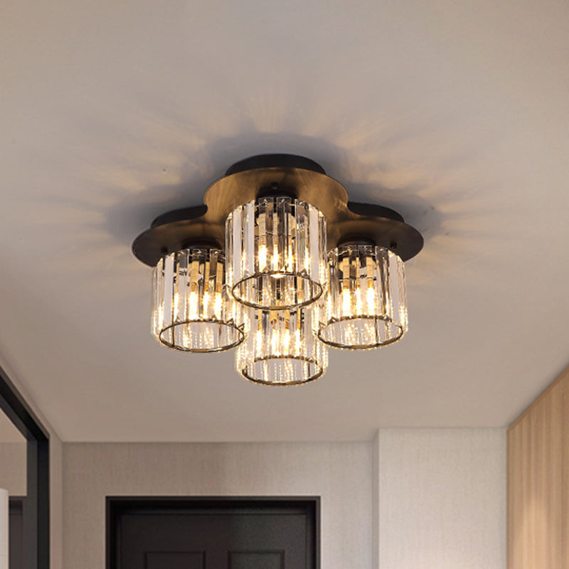 4 - Head Crystal Block Flush Ceiling Light Fixture In Black/Gold - Simple Cylinder Design