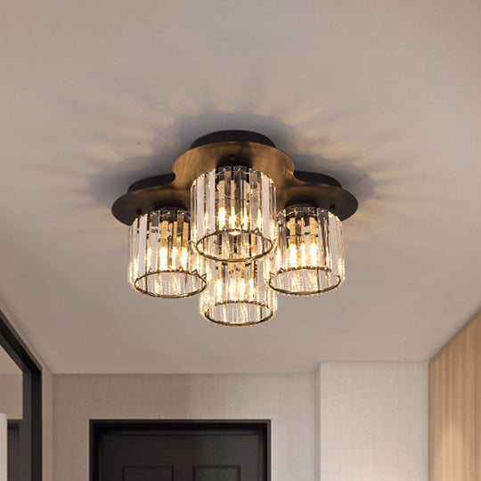 4 - Head Crystal Block Flush Ceiling Light Fixture In Black/Gold - Simple Cylinder Design
