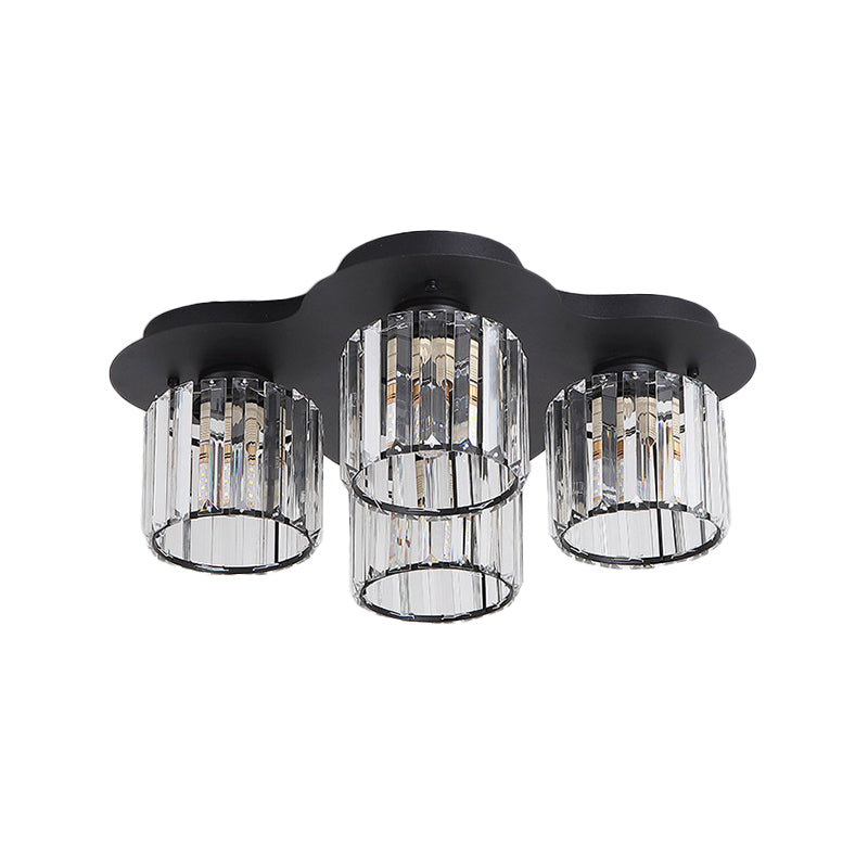 4 - Head Crystal Block Flush Ceiling Light Fixture In Black/Gold - Simple Cylinder Design