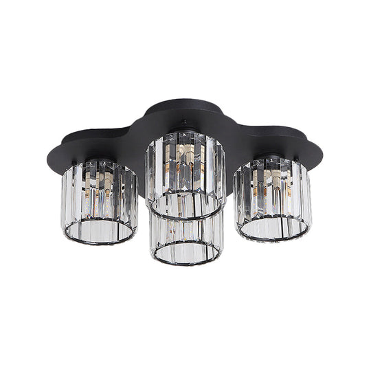 4-Head Crystal Block Flush Ceiling Light Fixture In Black/Gold - Simple Cylinder Design