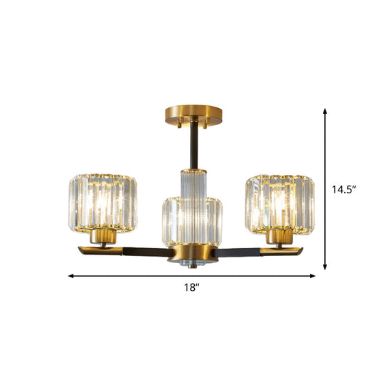 Crystal Block Ceiling Light With 3/6 Semi - Mounted Cylinder Lights In Black And Gold