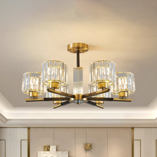Crystal Block Ceiling Light With 3/6 Semi - Mounted Cylinder Lights In Black And Gold
