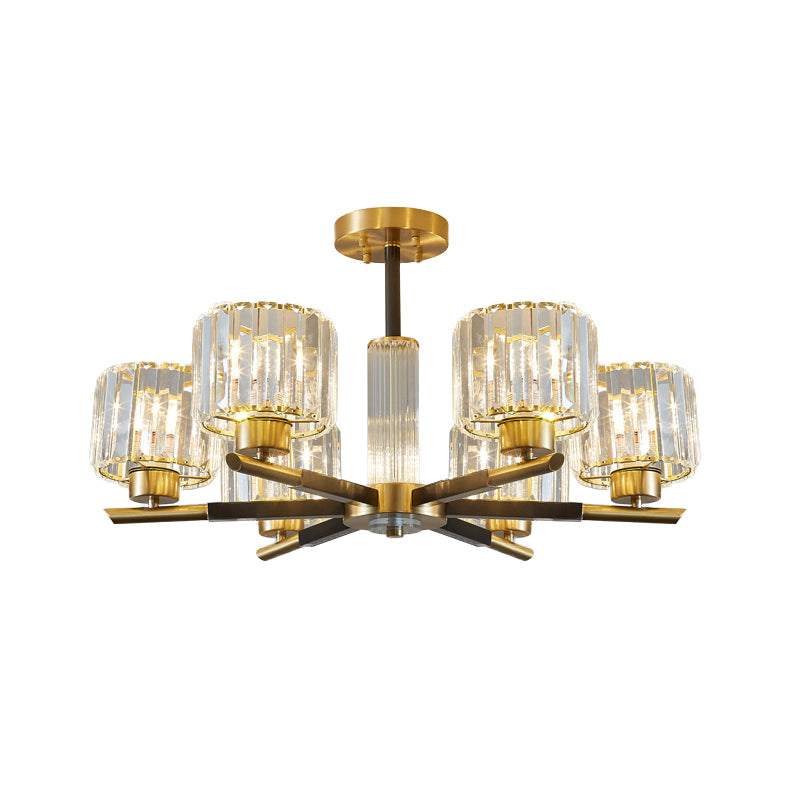 Crystal Block Ceiling Light With 3/6 Semi - Mounted Cylinder Lights In Black And Gold