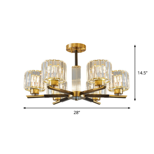Crystal Block Ceiling Light With 3/6 Semi - Mounted Cylinder Lights In Black And Gold