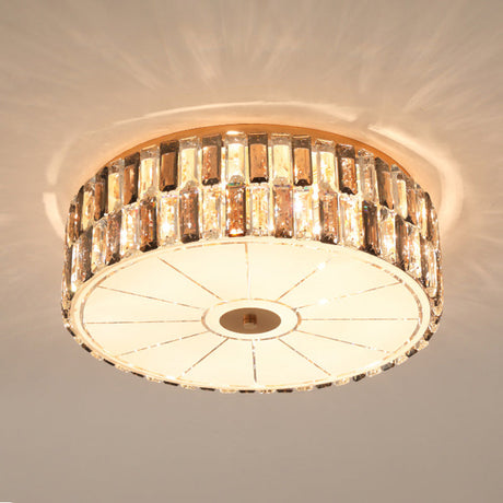 9-Bulb Gold Drum Bedroom Flush Mount Lamp With K9 Crystal And Glass Diffuser
