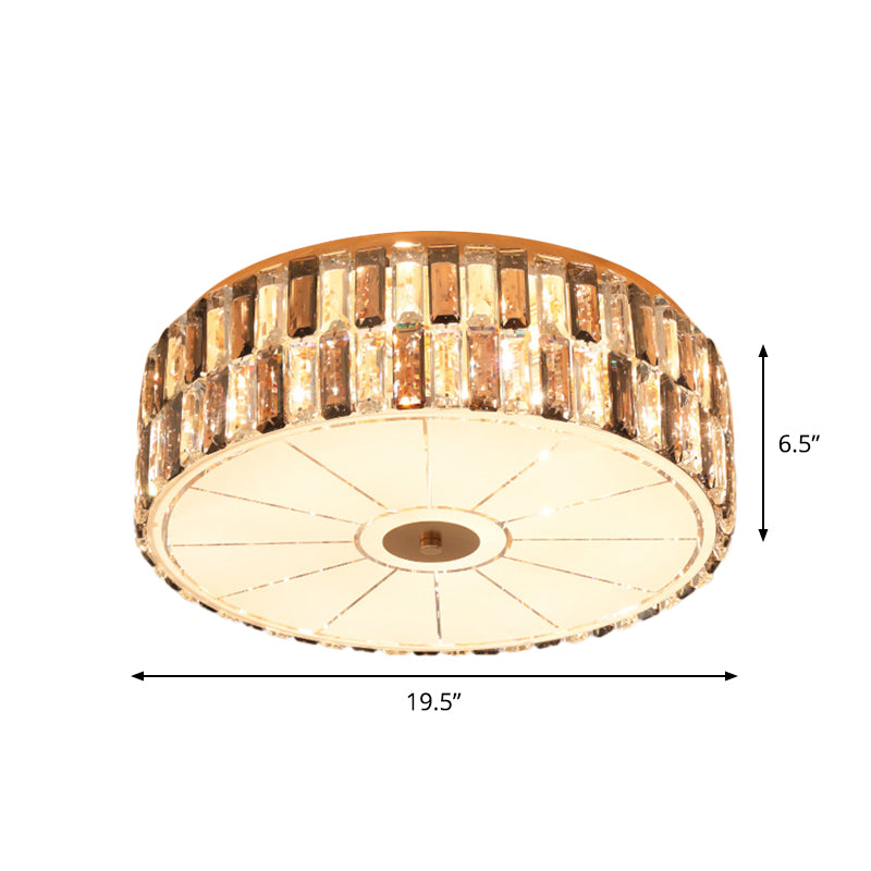 9 - Bulb Gold Drum Bedroom Flush Mount Lamp With K9 Crystal And Glass Diffuser