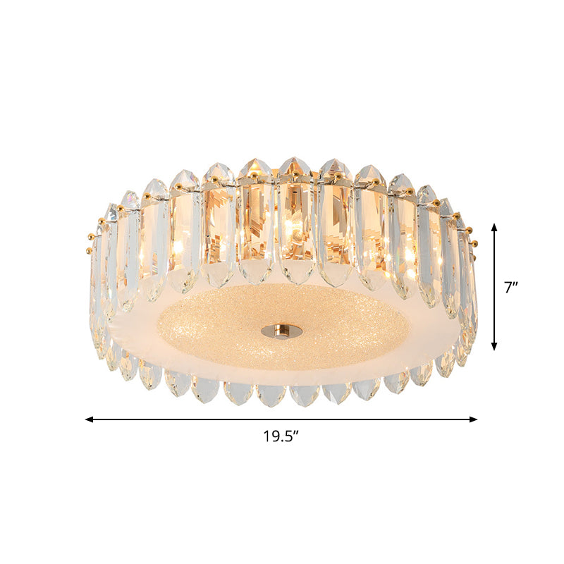 Simple Gold Flushmount Lighting - Drum Crystal Fixture With 6 Bulbs For Bedroom