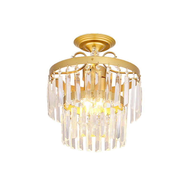Gold 2 - Layer Crystal Semi Flush Mount Light Fixture With 3/5 Bulbs - Postmodern Style For Living