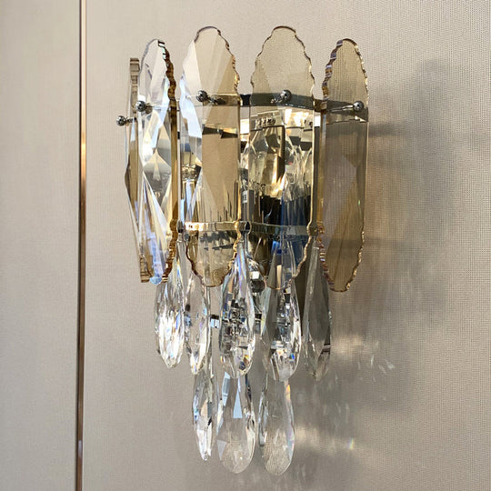 Modern Layered Wall Lighting Clear And Champagne/Smoke Gray Crystal Sconce Fixture 2 Lights