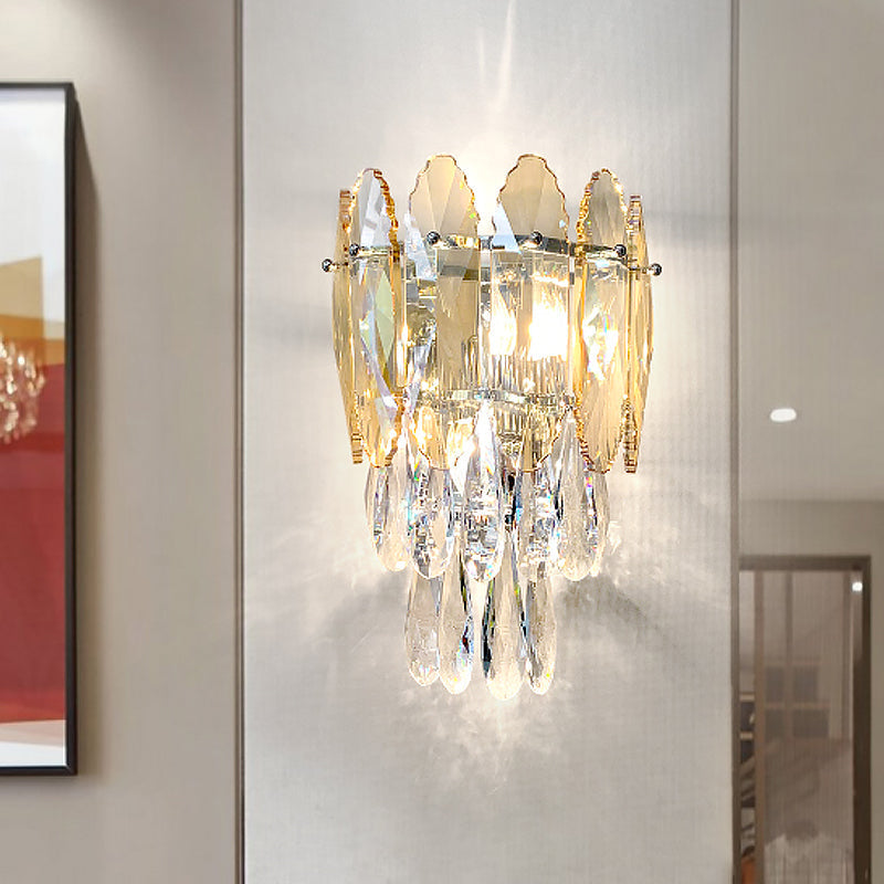 Modern Layered Wall Lighting Clear And Champagne/Smoke Gray Crystal Sconce Fixture 2 Lights