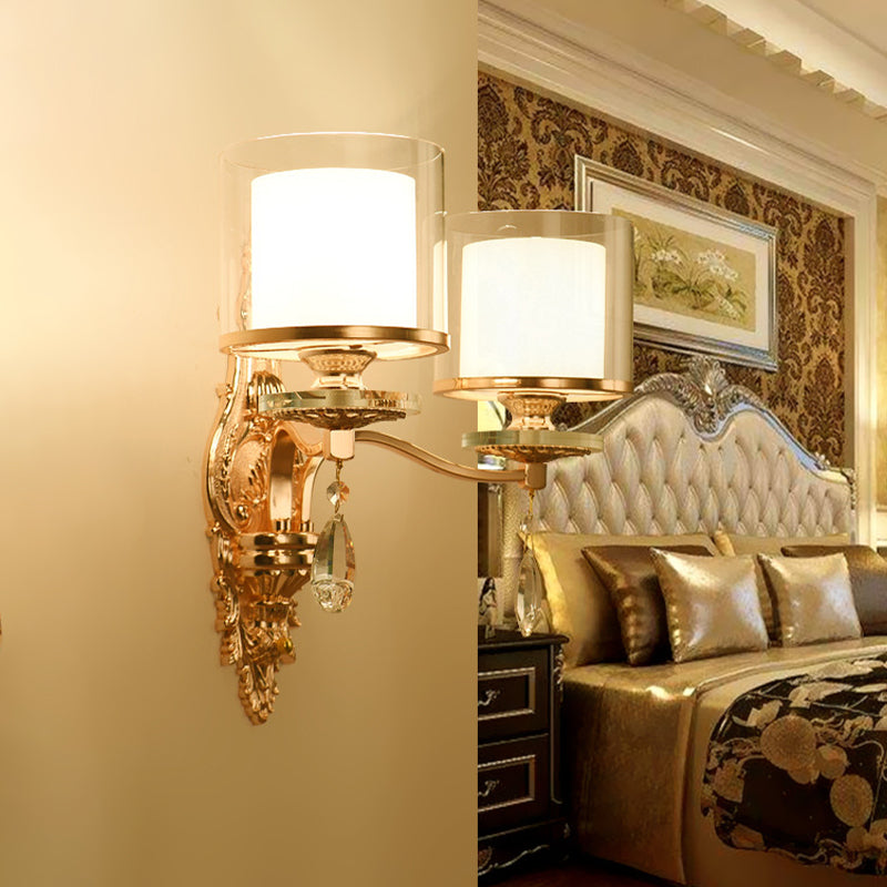 Gold Mid-Century Sconce With Clear & Frosted Glass And Crystal Drop 2 Heads