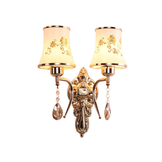 Mid-Century Gold Frosted Glass Wall Sconce Lamp With Crystal Drop - Set Of 2 Bulbs