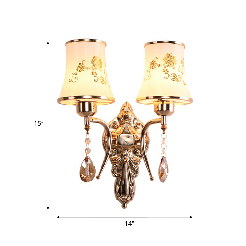 Mid-Century Gold Frosted Glass Wall Sconce Lamp With Crystal Drop - Set Of 2 Bulbs