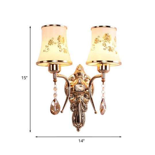 Mid-Century Gold Frosted Glass Wall Sconce Lamp With Crystal Drop - Set Of 2 Bulbs