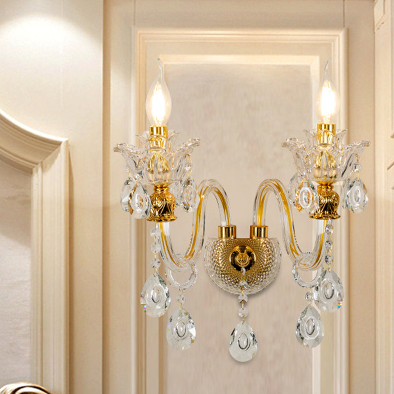Mid-Century Gold 2-Light Candelabra Sconce: Clear Crystal Glass Wall Lamp For Living Room
