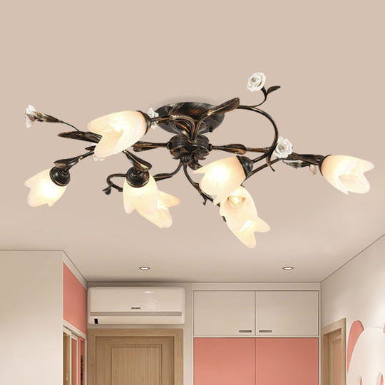 American Garden Flowers Ceilng Light - Cream Glass Semi Flush Mount Lighting In Bronze 4/6/8 Heads