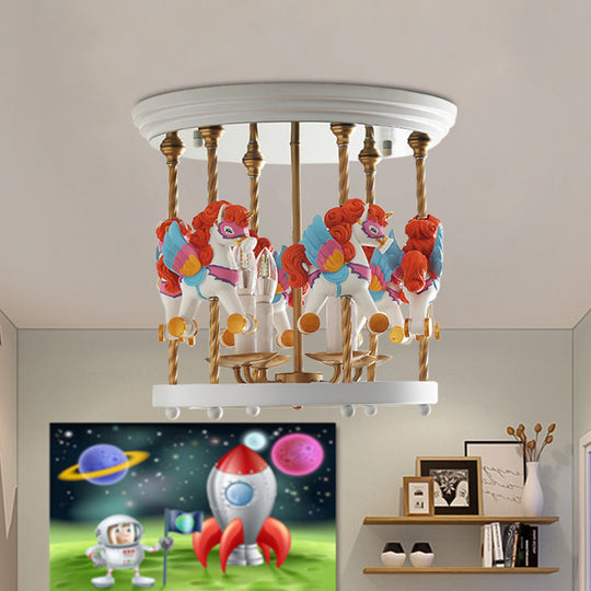 Metal Carousel Semi Flush Cartoon Mount Lighting Fixture For Children’s Room - 4-Bulb