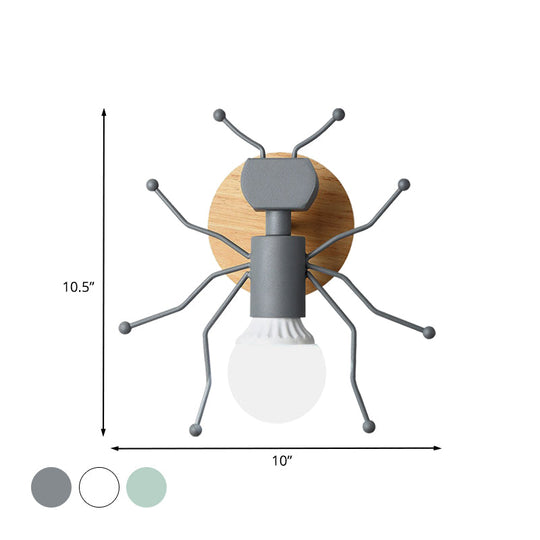 Nordic Ant Metal Sconce With Wood Backplate Wall Light - Grey/White/Green