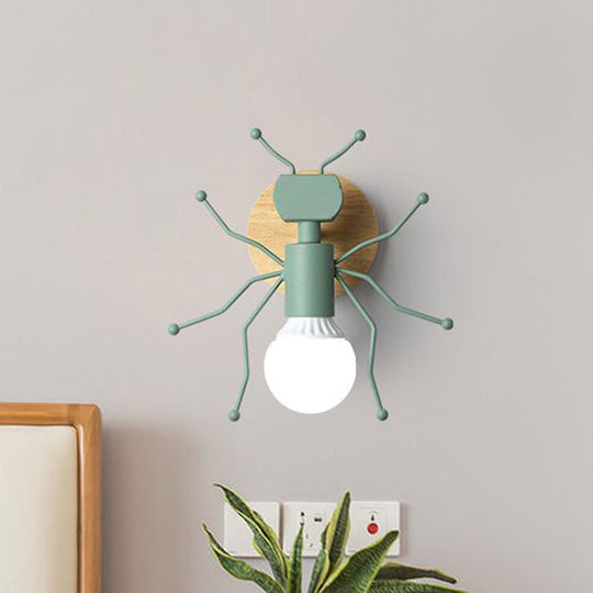 Nordic Ant Metal Sconce With Wood Backplate Wall Light - Grey/White/Green