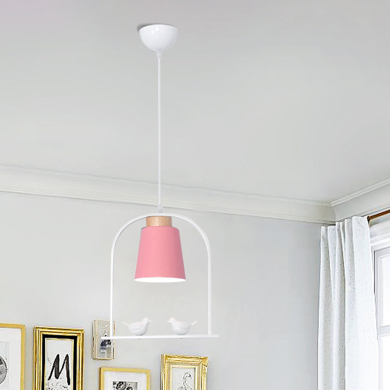 Metal Down Lighting Macaron Pendant Lamp With Bird Cage Shape And Barrel Shade - White/Black/Grey