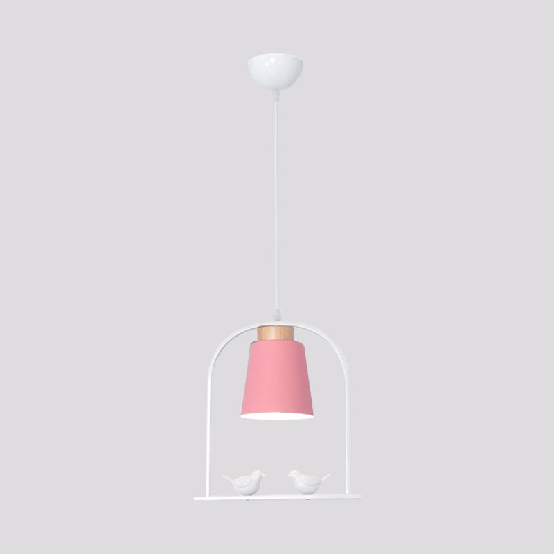 Metal Down Lighting Macaron Pendant Lamp With Bird Cage Shape And Barrel Shade - White/Black/Grey