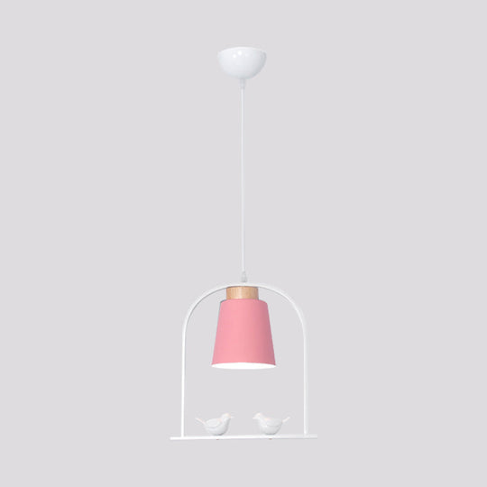 Metal Down Lighting Macaron Pendant Lamp With Bird Cage Shape And Barrel Shade - White/Black/Grey