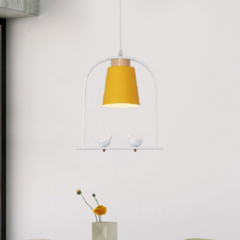Metal Down Lighting Macaron Pendant Lamp With Bird Cage Shape And Barrel Shade - White/Black/Grey