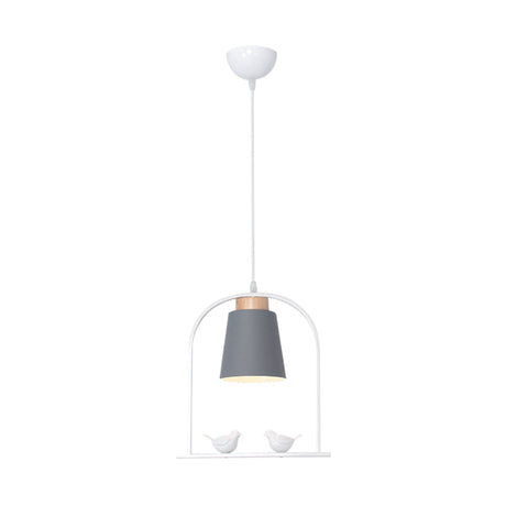 Metal Down Lighting Macaron Pendant Lamp With Bird Cage Shape And Barrel Shade - White/Black/Grey