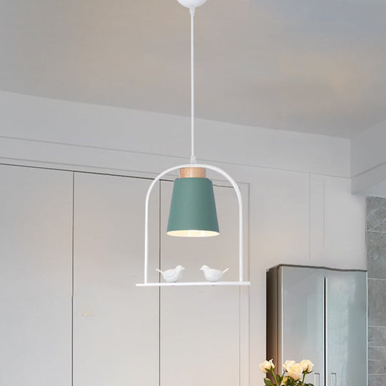 Metal Down Lighting Macaron Pendant Lamp With Bird Cage Shape And Barrel Shade - White/Black/Grey