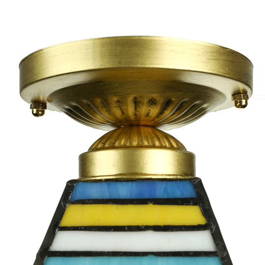 Mission Style Stained Glass Flush Ceiling Light In Brushed Brass – Trapezoid Mini
