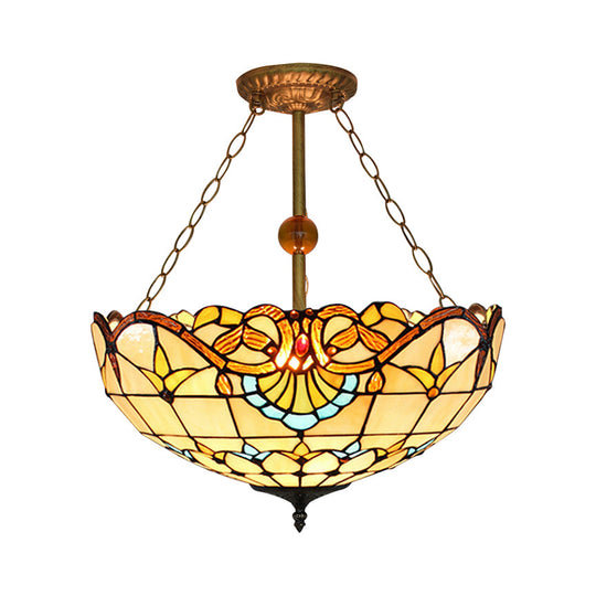 Baroque Stained Glass Semi Flush Mount Light With 3 Brass Lights