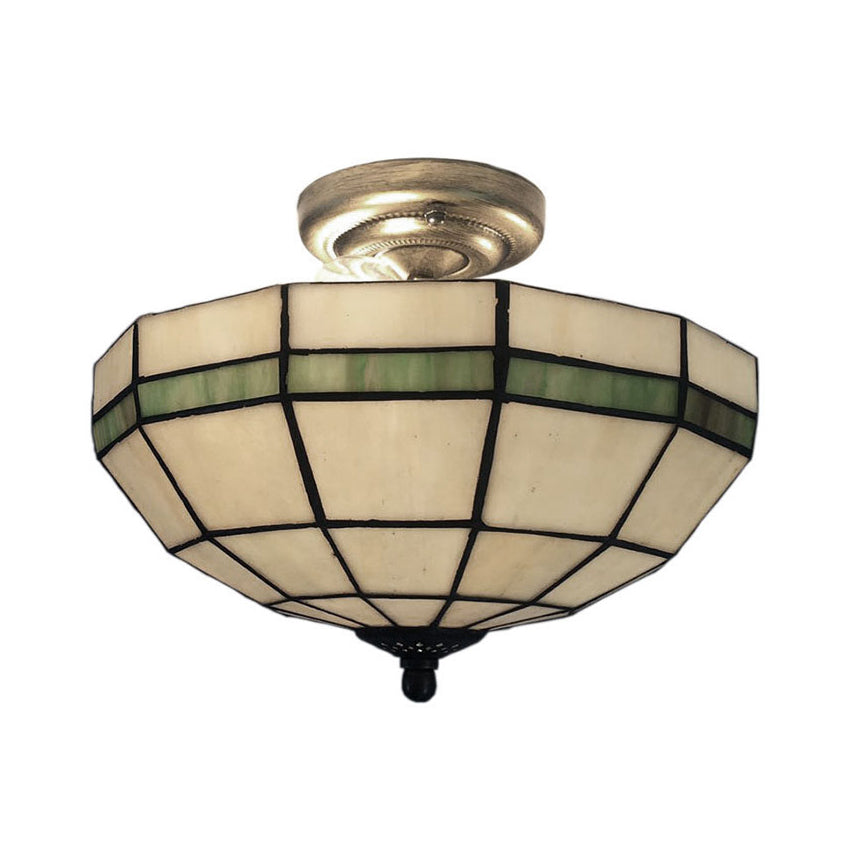 Beige Glass Bowl Semi Flushmount Indoor Light For Living Room - Traditional Style