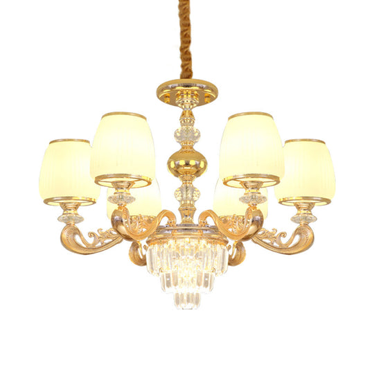 Modern Carved Arm Bedroom Chandelier: Milk Glass 6 Bulbs Gold Crystal Hanging Light