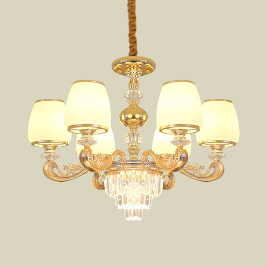 Modern Milk Glass Arm Chandelier With 6 Gold Crystal Bulbs - Elegant Bedroom Hanging Light