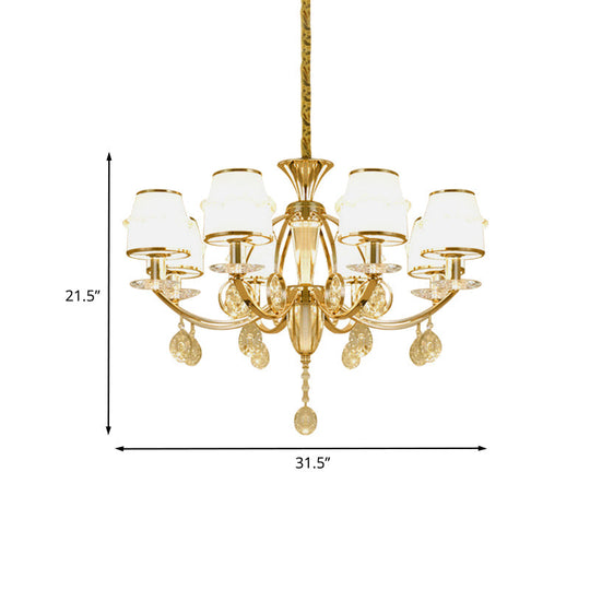 Modern 8-Light Gold Chandelier With White Glass Shade - Cut Crystal Hanging Lamp