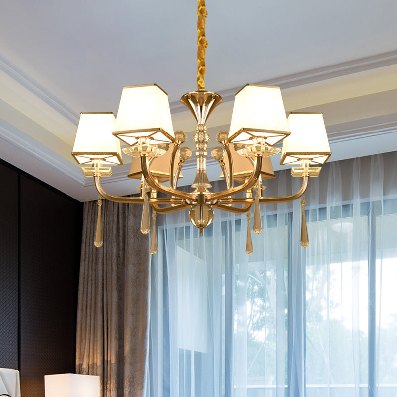 Contemporary 6-Head White Glass Chandelier: Pyramid Crystal Pendant For Bedroom Champagne