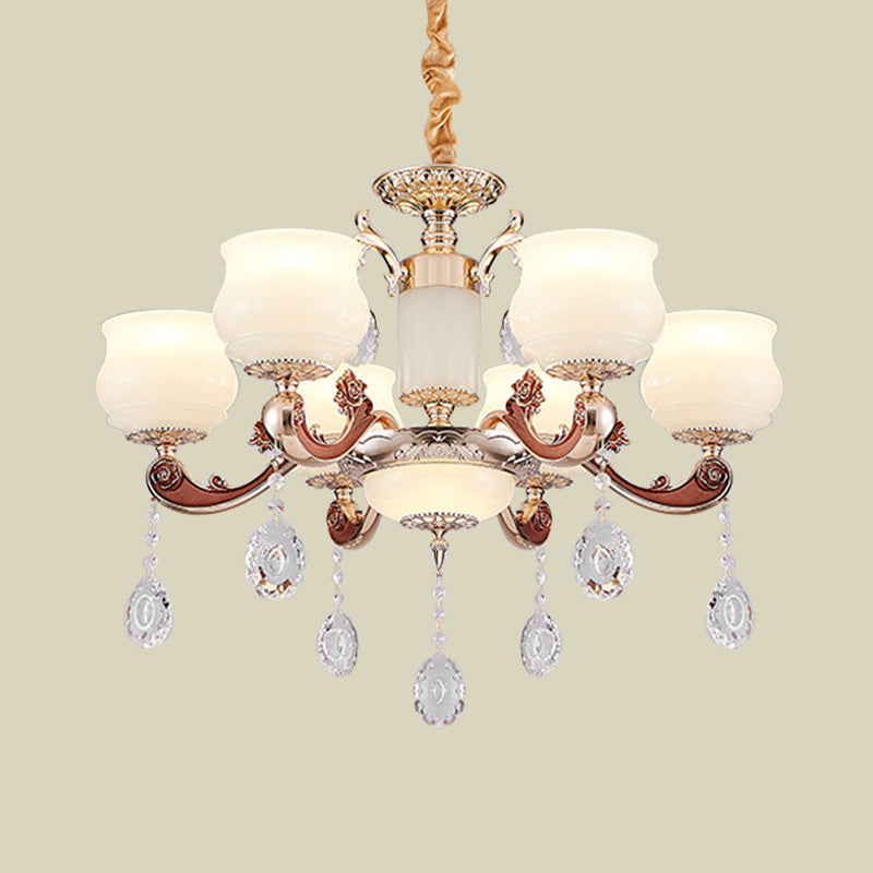 Modern Simplicity Bud Pendant Lighting Chandelier With 6 Bulbs And Milk Glass Crystal In Champagne