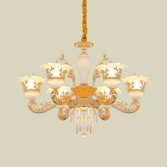Modern Crystal Chandelier With Carved Frosted Glass Shade - 6 Bulbs Pendant In Gold For Bedroom