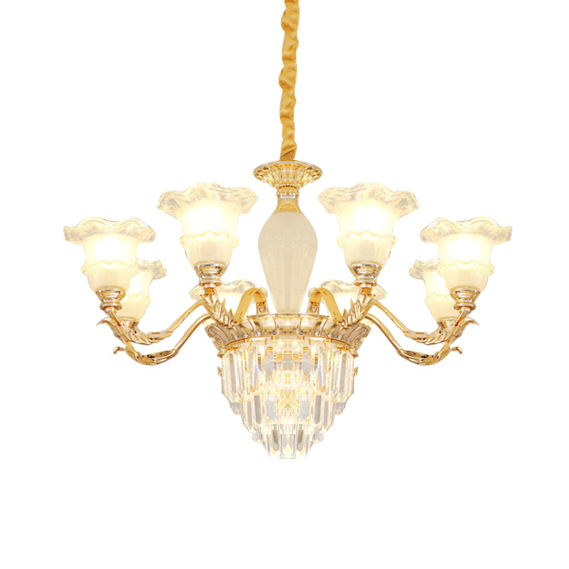 Modern Gold Crystal Chandelier With Frosted Glass - Blossom Pendant Lamp (8 Bulbs)