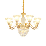 Modern Gold Crystal Chandelier With Frosted Glass Shades - Blossom Living Room Pendant Lamp (8