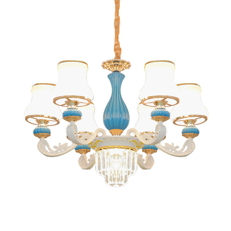Contemporary 6-Head Blue And White Chandelier With Opal Glass Crystal Pendant