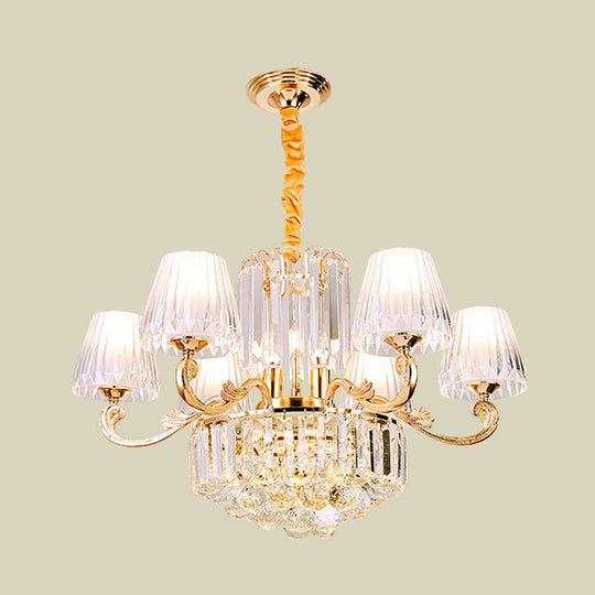 Gold Hanging Pendant Chandelier - 6-Light Contemporary Design With Clear Crystal Barrel For