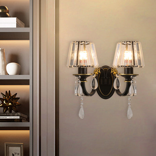 Modern Conical Crystal Wall Sconce With Black And Gold 2-Light For Living Room Black-Gold