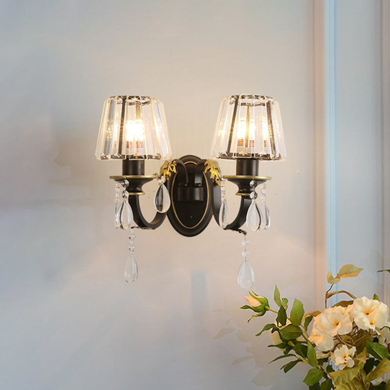 Modern Conical Crystal Wall Sconce With Black And Gold 2-Light For Living Room